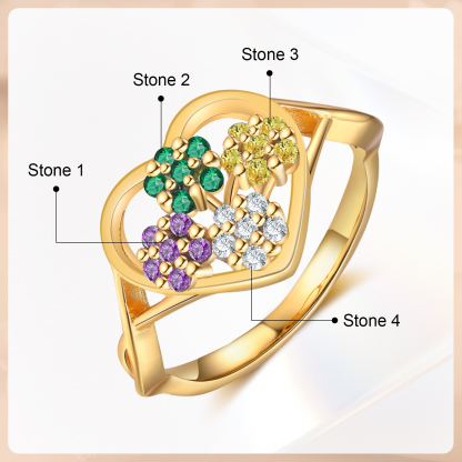 Personalisierbarer 4 Geburtssteine Blume Herz Fein Golden Ring
