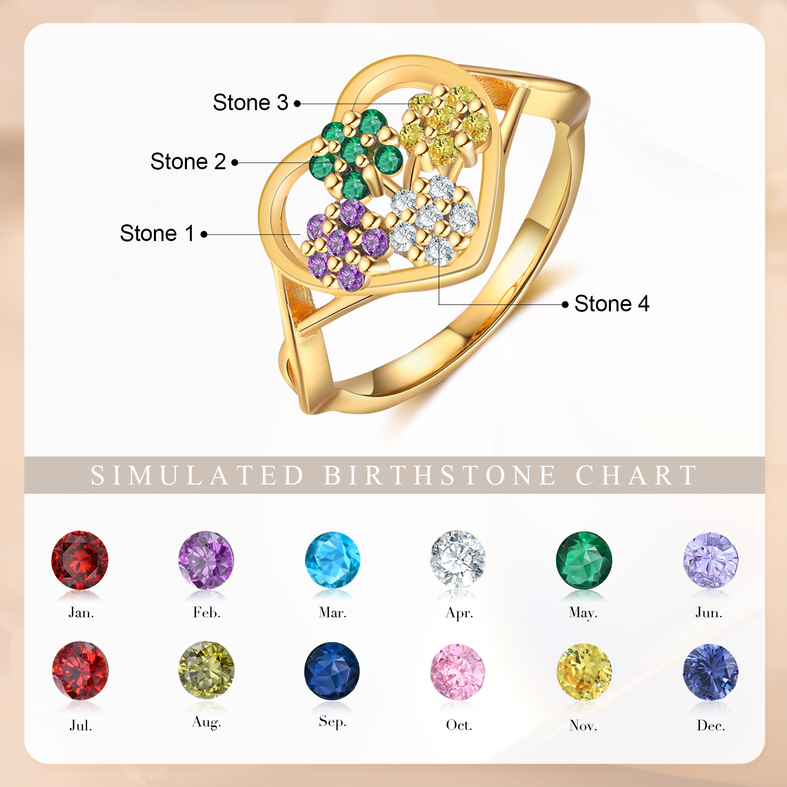 Personalisierbarer 4 Geburtssteine Blume Herz Fein Golden Ring