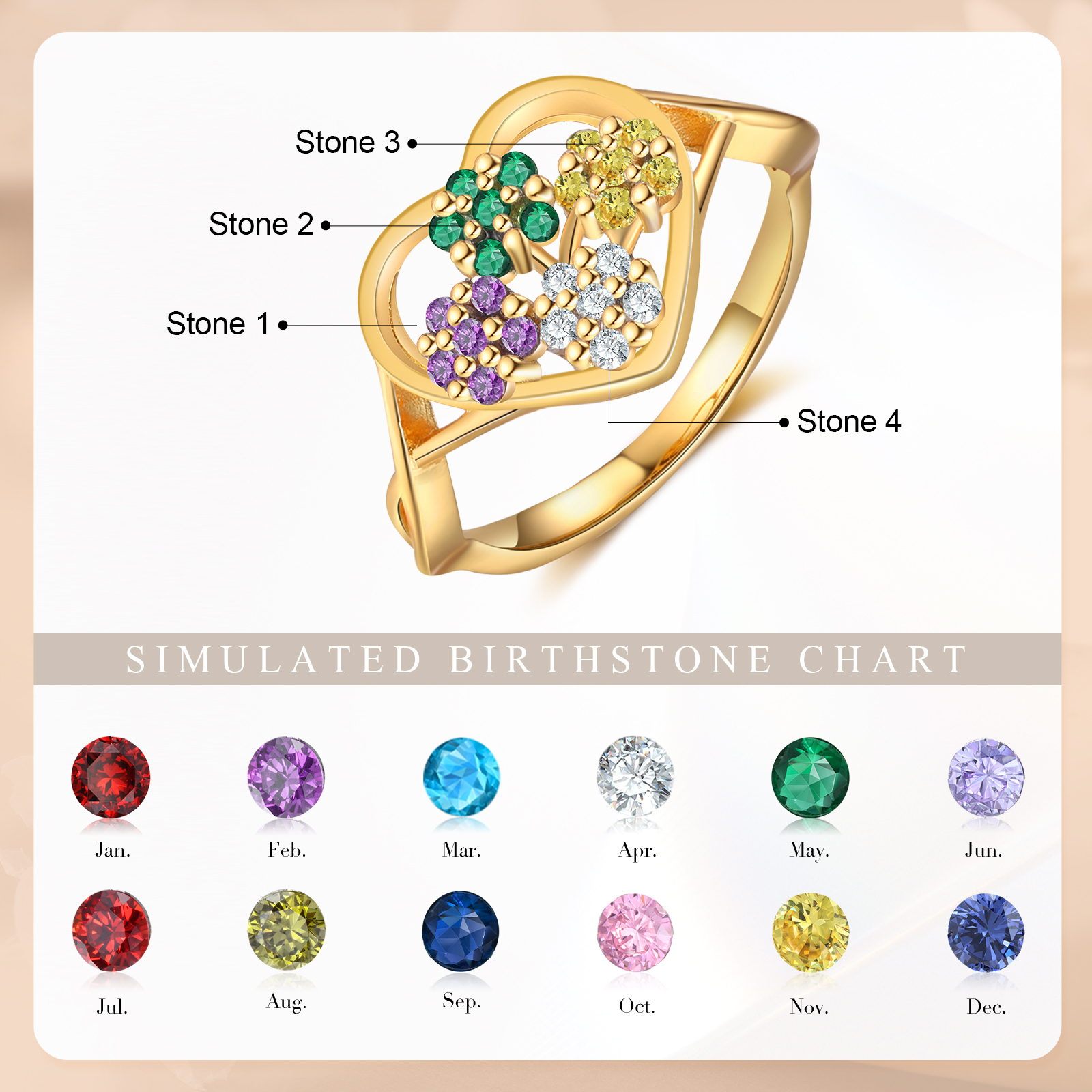 Personalisierbarer 4 Geburtssteine Blume Herz Fein Golden Ring