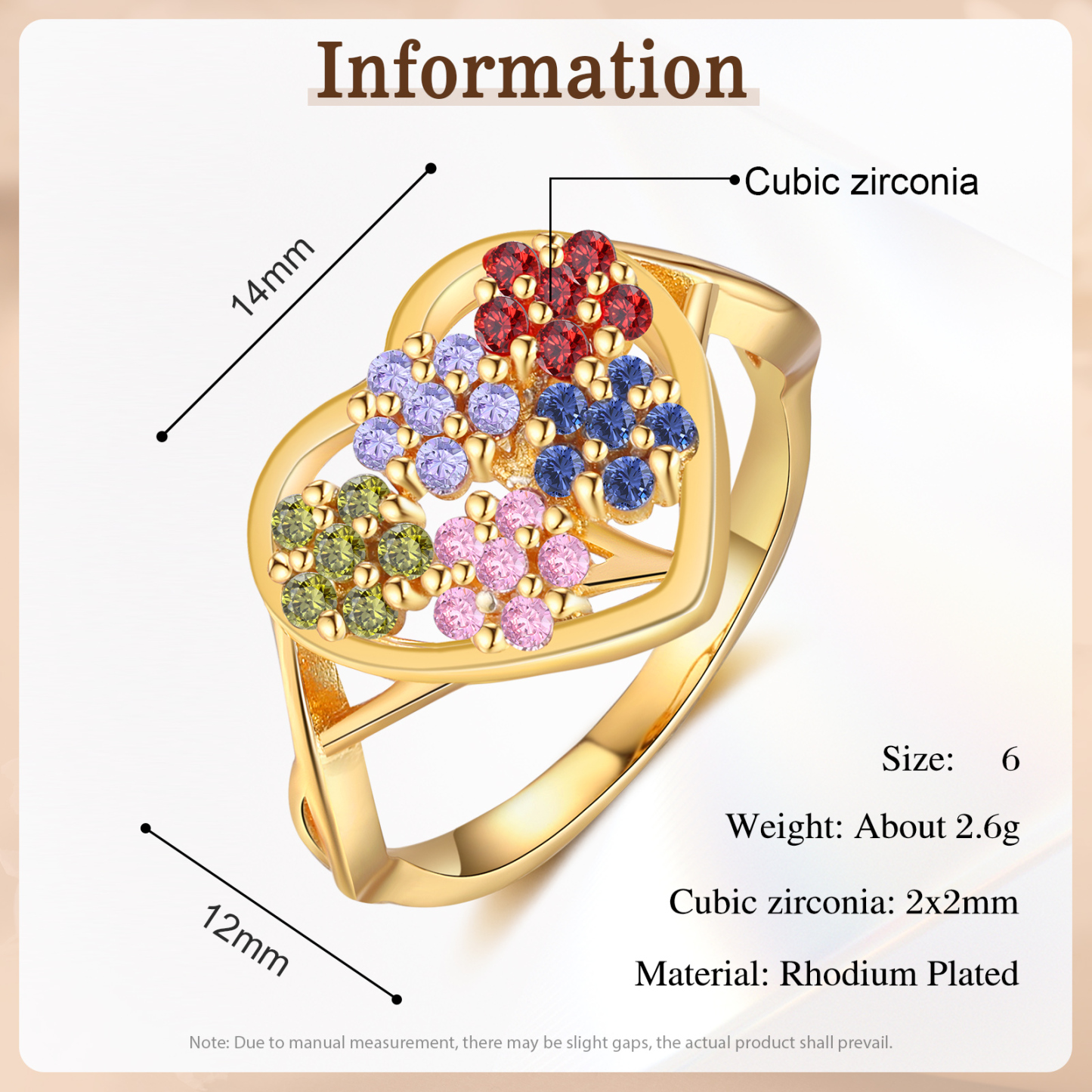 Personalisierbarer 5 Geburtssteine Blume Herz Fein Golden Ring