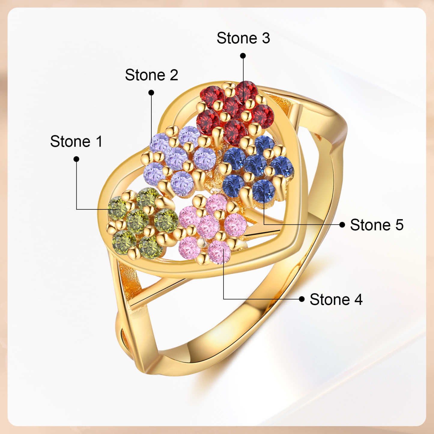 Personalisierbarer 5 Geburtssteine Blume Herz Fein Golden Ring