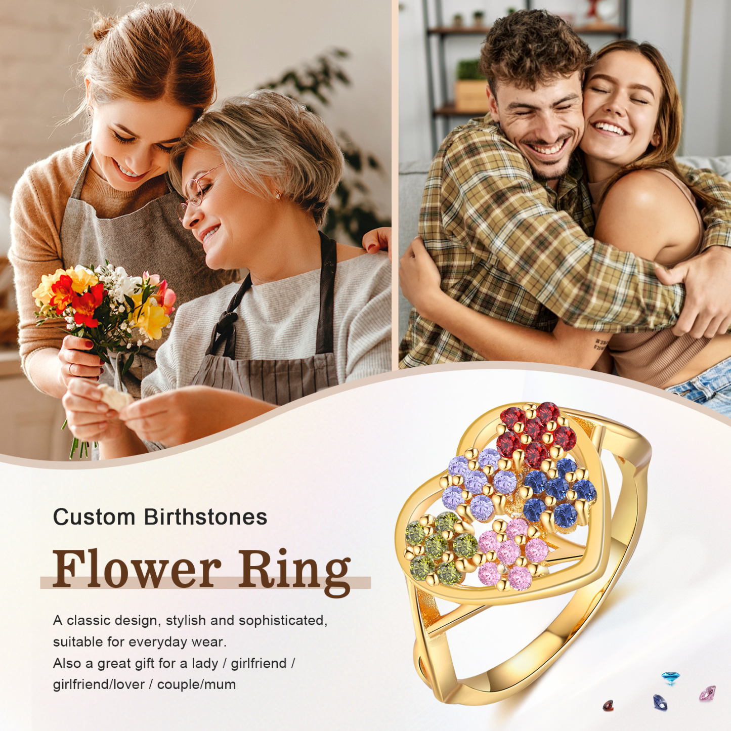 Personalisierbarer 5 Geburtssteine Blume Herz Fein Golden Ring