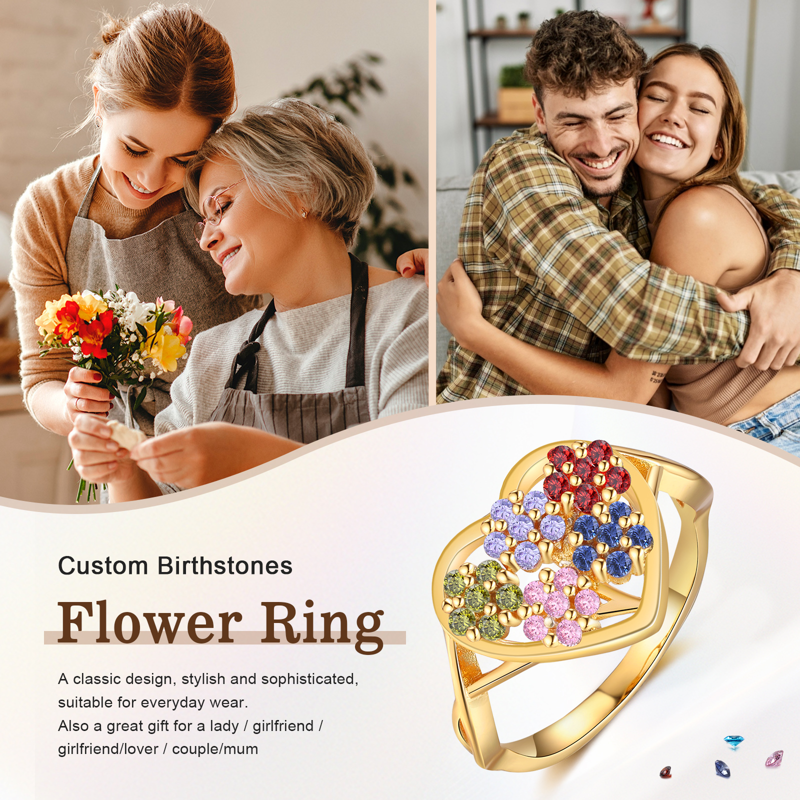 Personalisierbarer 5 Geburtssteine Blume Herz Fein Golden Ring