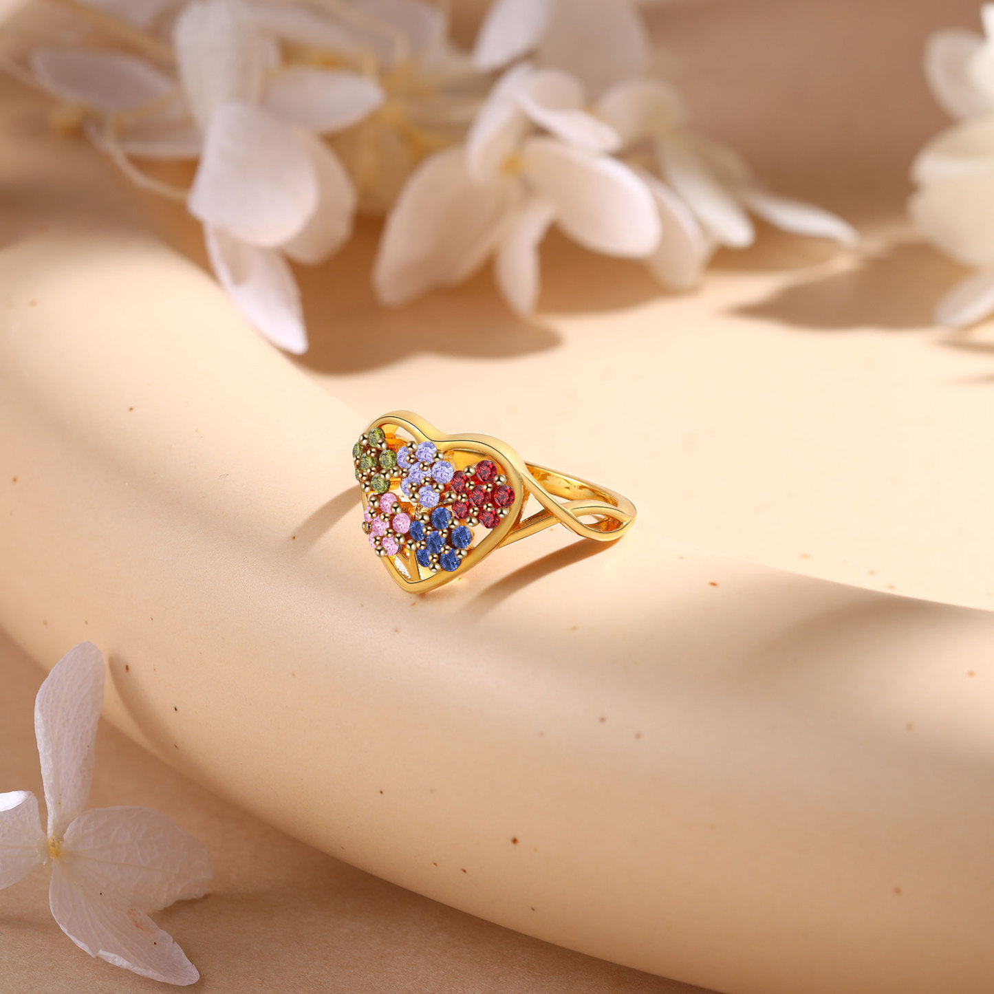 Personalisierbarer 5 Geburtssteine Blume Herz Fein Golden Ring