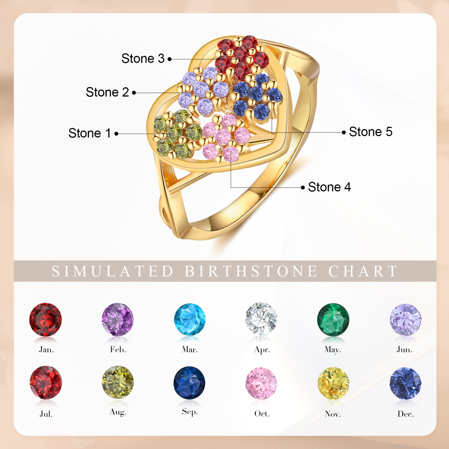 Personalisierbarer 5 Geburtssteine Blume Herz Fein Golden Ring