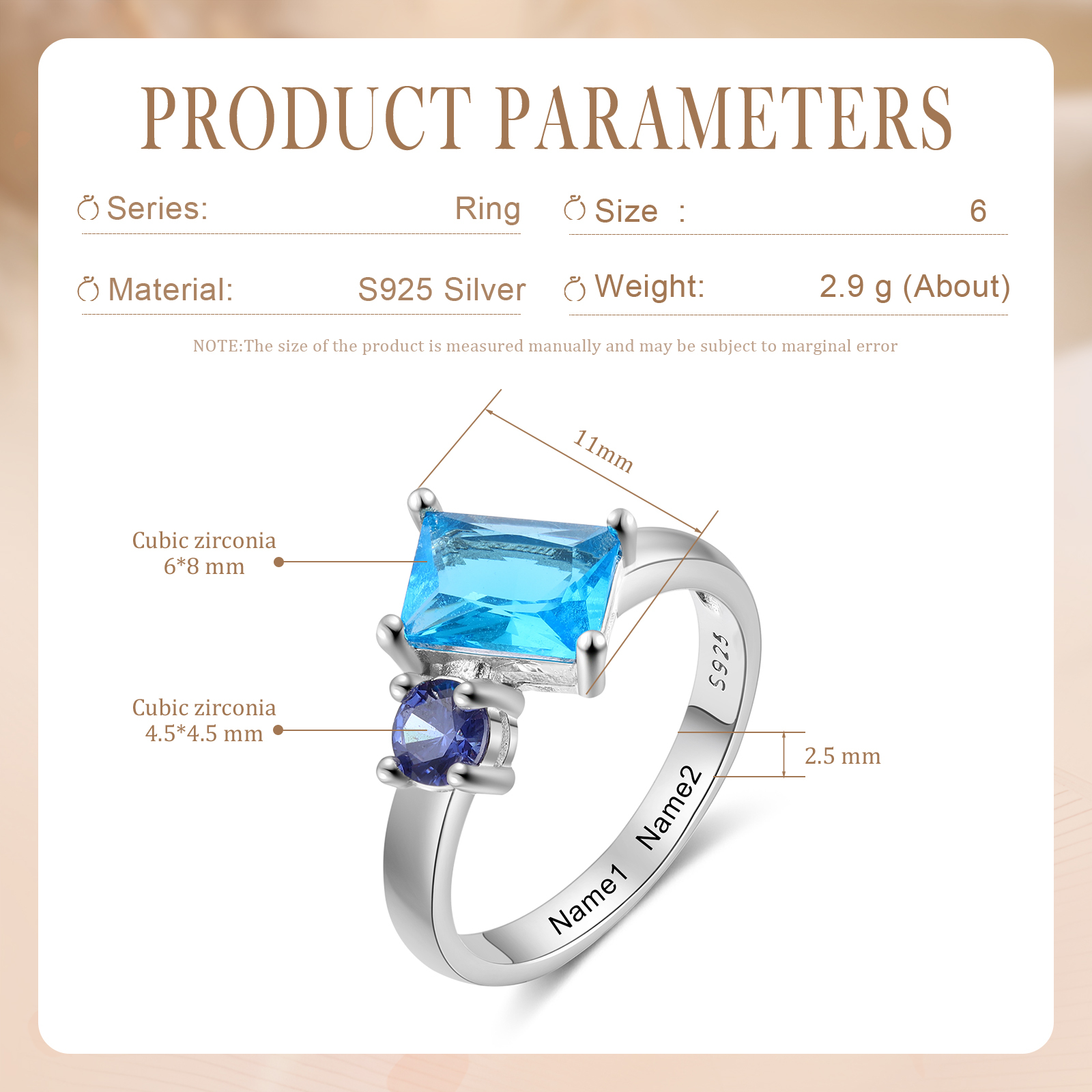 S925 Silber Personalisierte 2 Namen & 2 ovalen Geburtssteine Ring