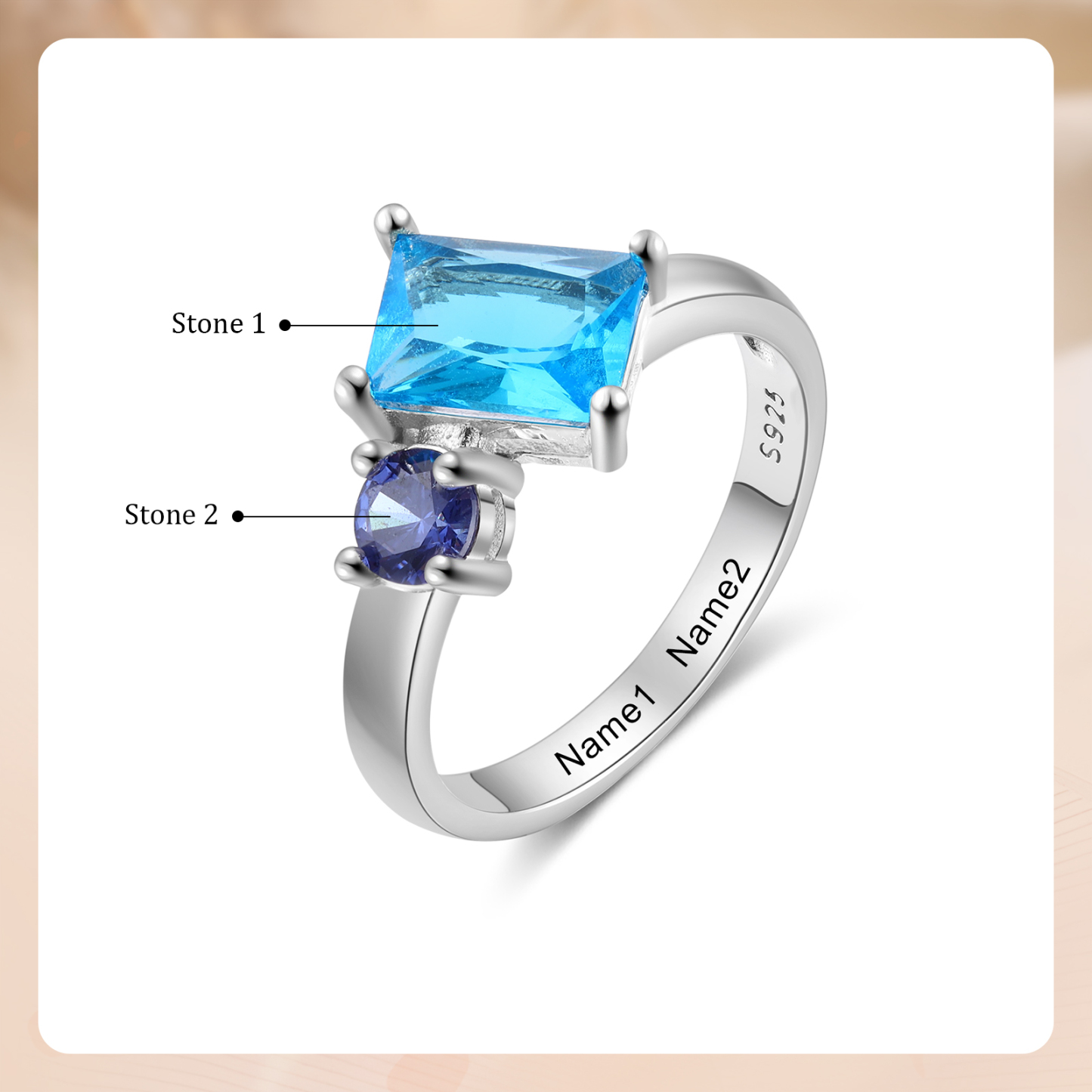 S925 Silber Personalisierte 2 Namen & 2 ovalen Geburtssteine Ring