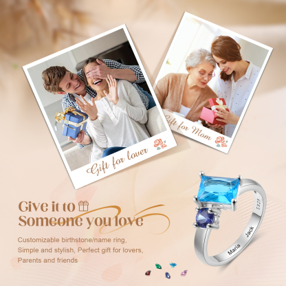 S925 Silber Personalisierte 2 Namen & 2 ovalen Geburtssteine Ring