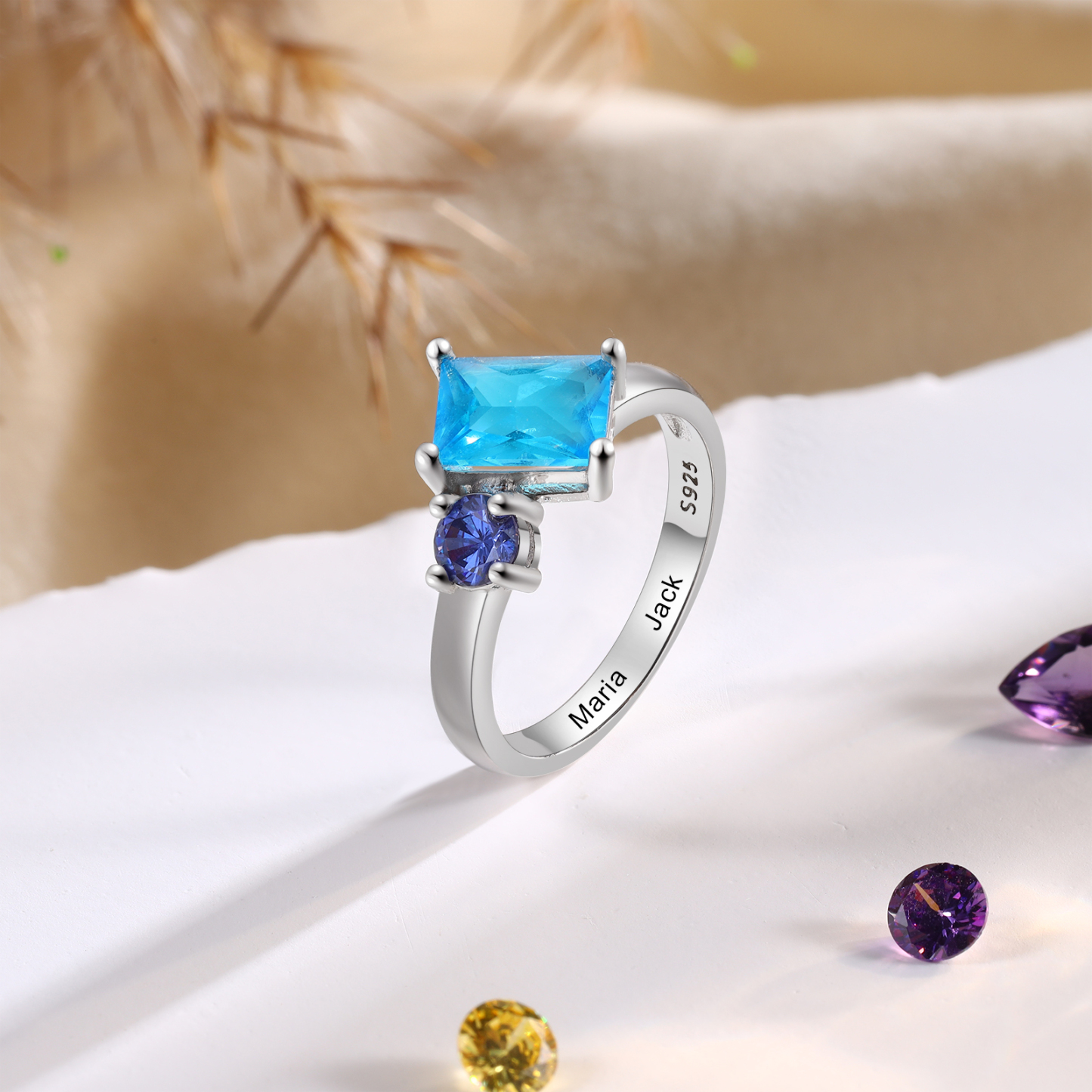 S925 Silber Personalisierte 2 Namen & 2 ovalen Geburtssteine Ring