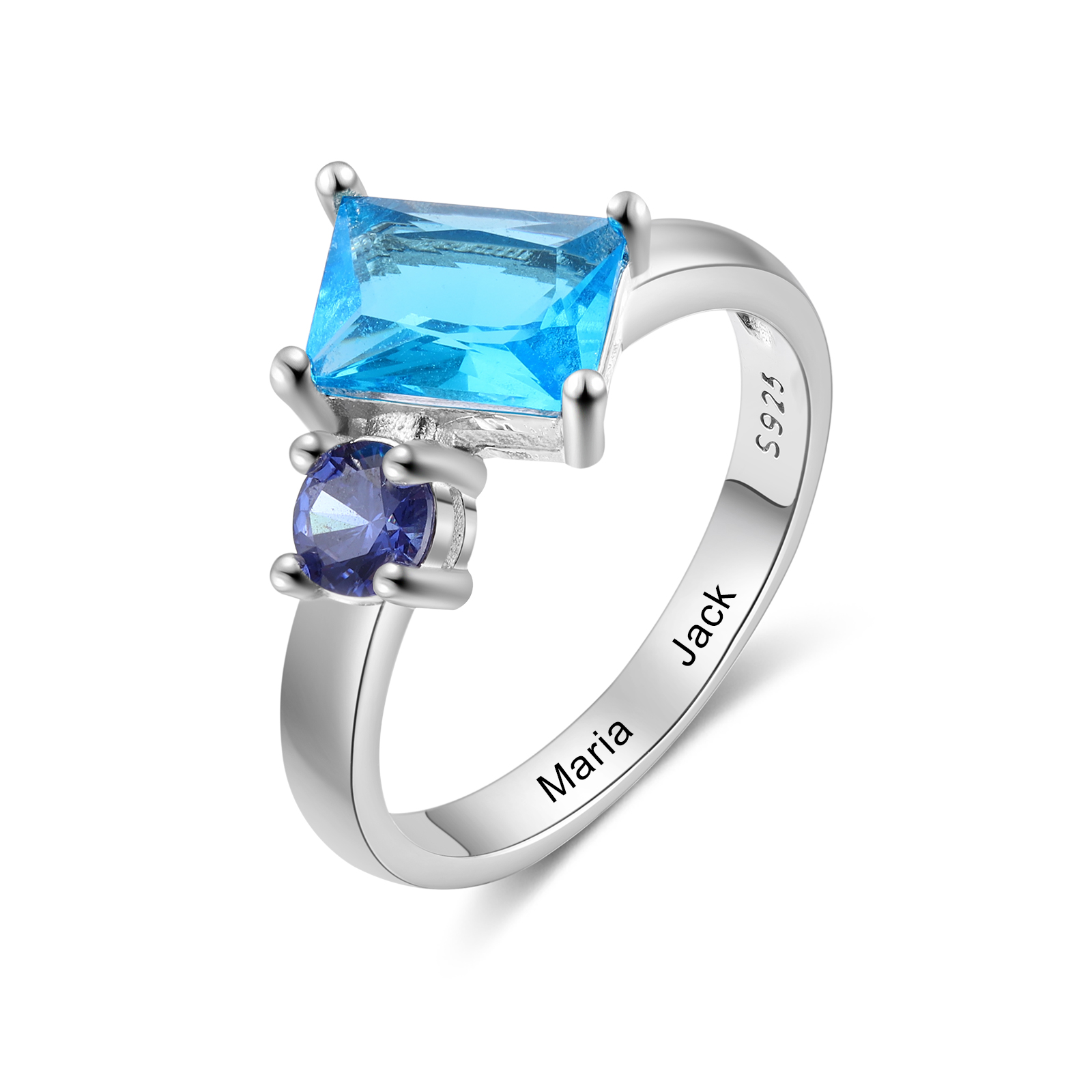 S925 Silber Personalisierte 2 Namen & 2 ovalen Geburtssteine Ring