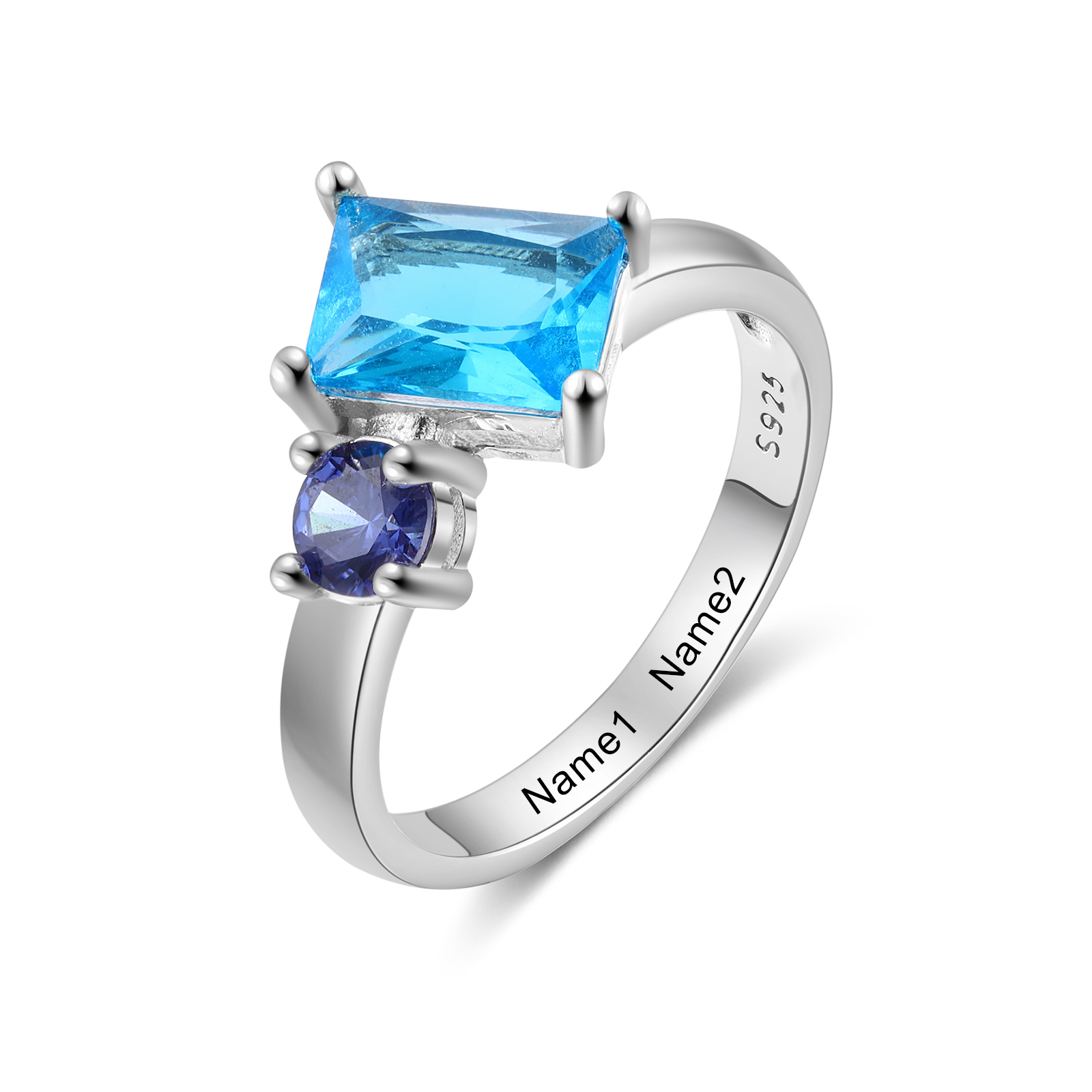 S925 Silber Personalisierte 2 Namen & 2 ovalen Geburtssteine Ring