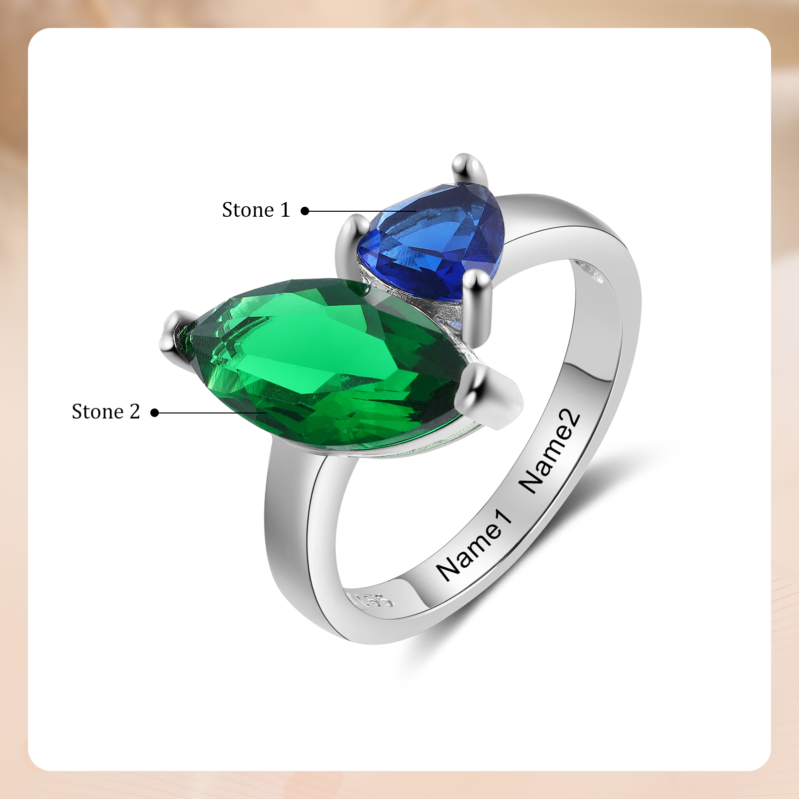 S925 Silber Personalisierbare 2 Namen & 2 Geburtssteine Ring
