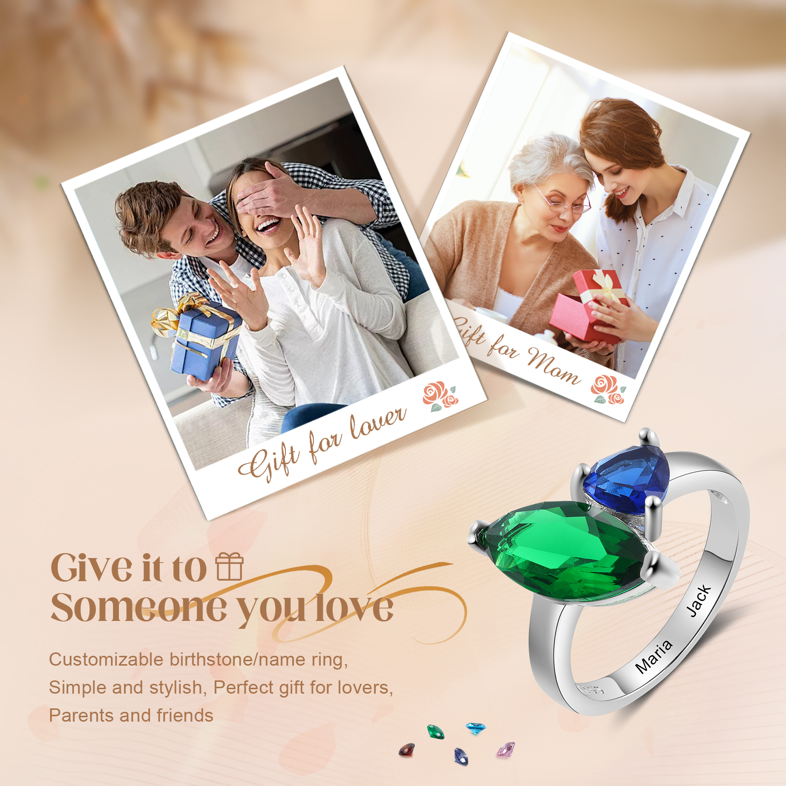 S925 Silber Personalisierbare 2 Namen & 2 Geburtssteine Ring