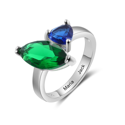 S925 Silber Personalisierbare 2 Namen & 2 Geburtssteine Ring