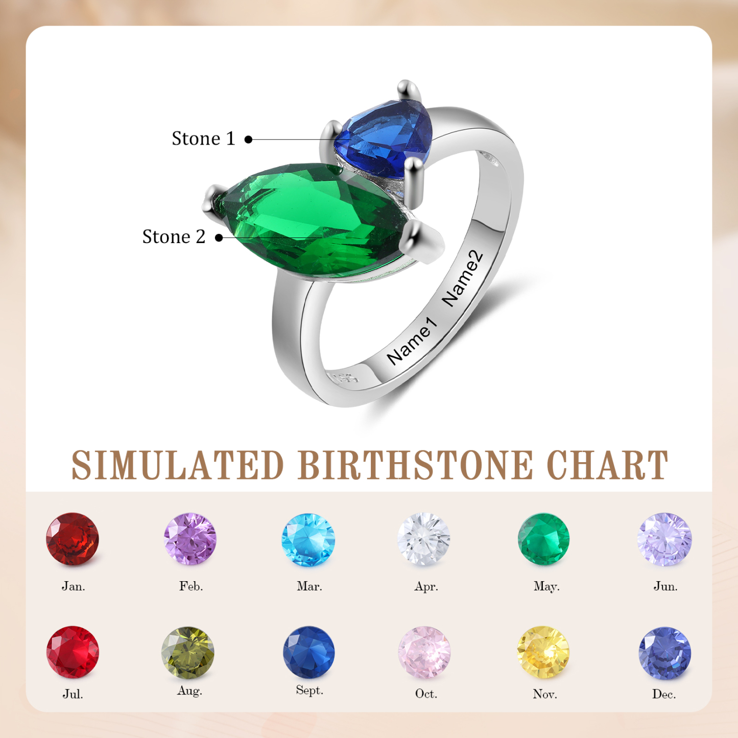 S925 Silber Personalisierbare 2 Namen & 2 Geburtssteine Ring