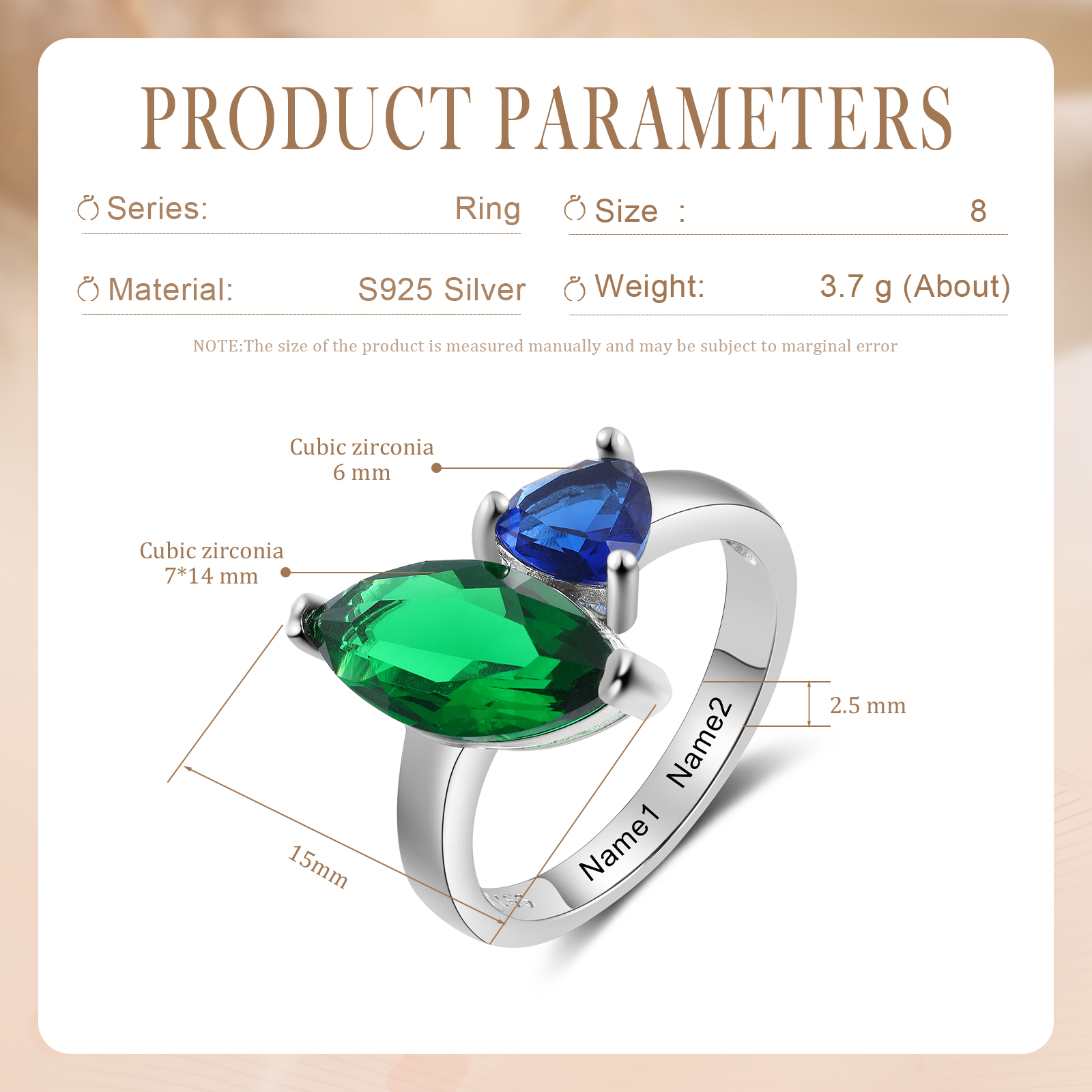 S925 Silber Personalisierbare 2 Namen & 2 Geburtssteine Ring