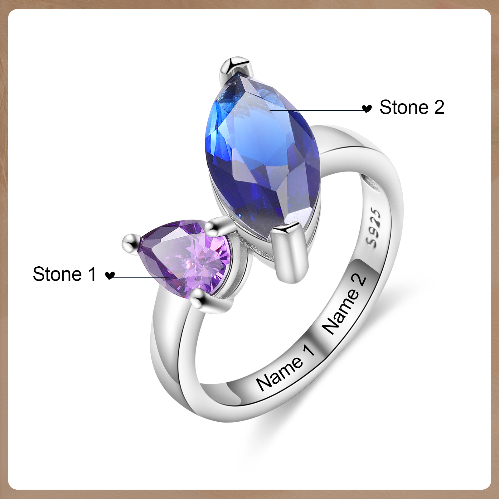 S925 Silber Personalisierte 2 Namen & 2 Geburtssteine Ring mit oval Zirkonia