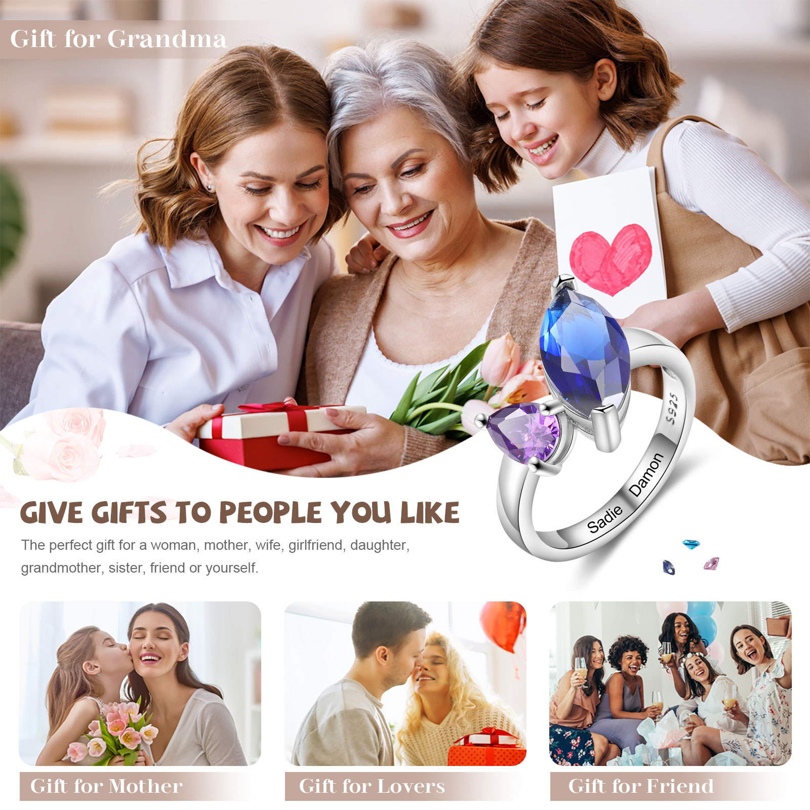 S925 Silber Personalisierte 2 Namen & 2 Geburtssteine Ring mit oval Zirkonia