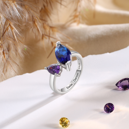S925 Silber Personalisierte 2 Namen & 2 Geburtssteine Ring mit oval Zirkonia