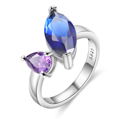 S925 Silber Personalisierte 2 Namen & 2 Geburtssteine Ring mit oval Zirkonia