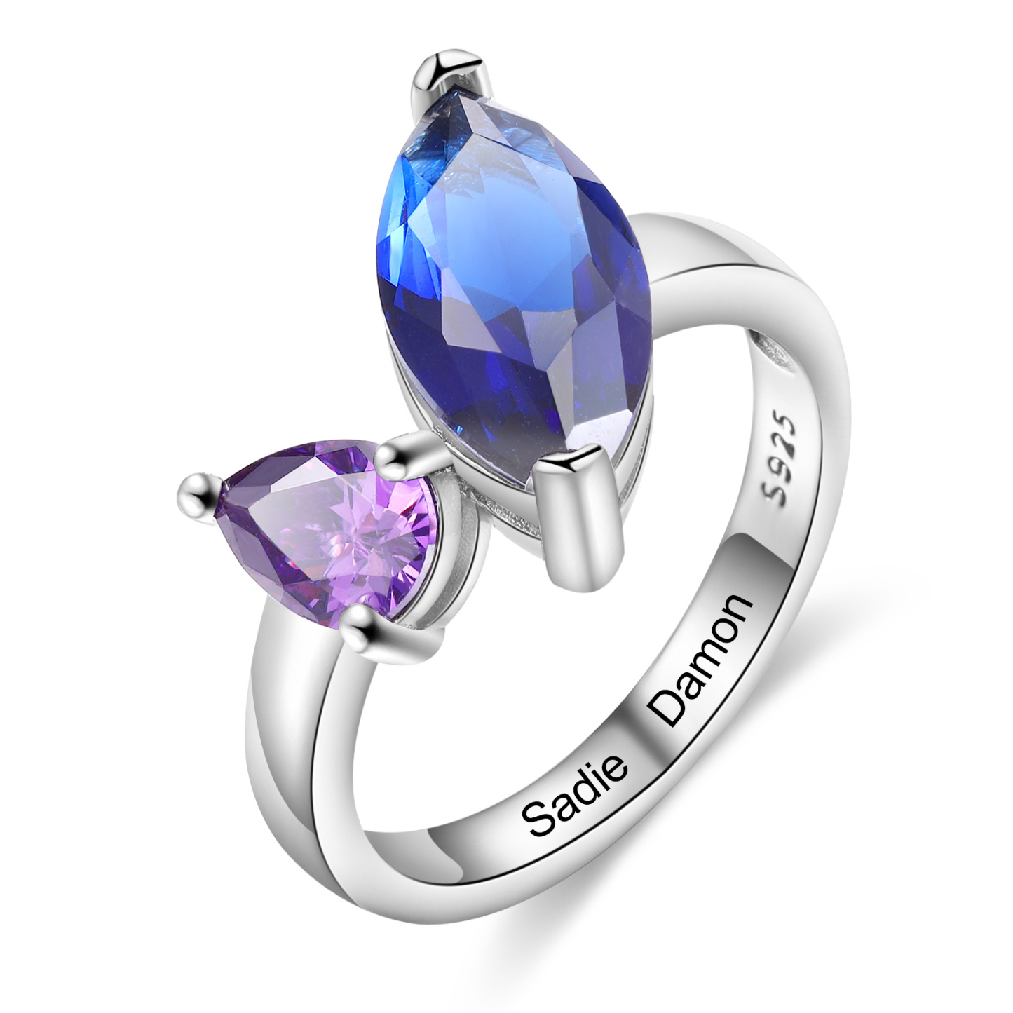 S925 Silber Personalisierte 2 Namen & 2 Geburtssteine Ring mit oval Zirkonia