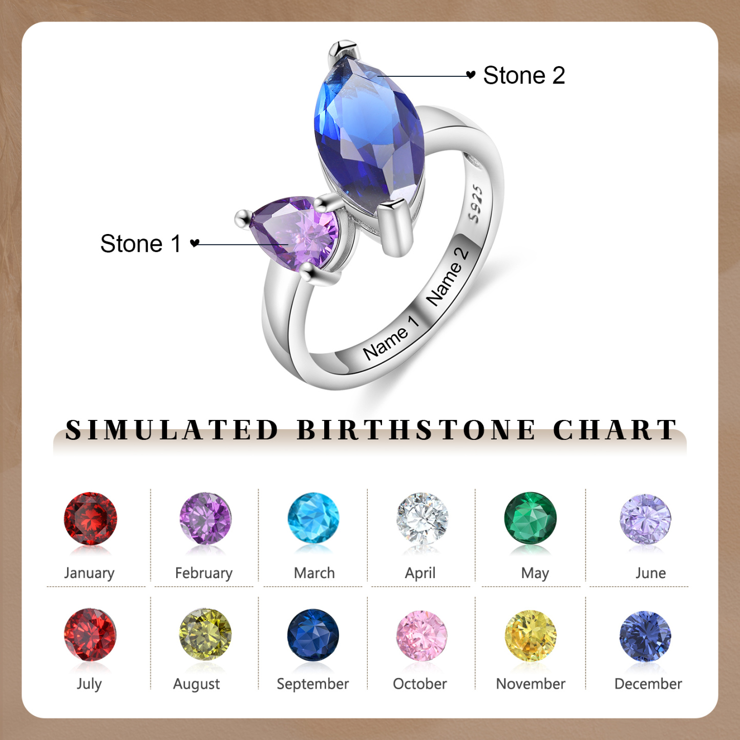 S925 Silber Personalisierte 2 Namen & 2 Geburtssteine Ring mit oval Zirkonia