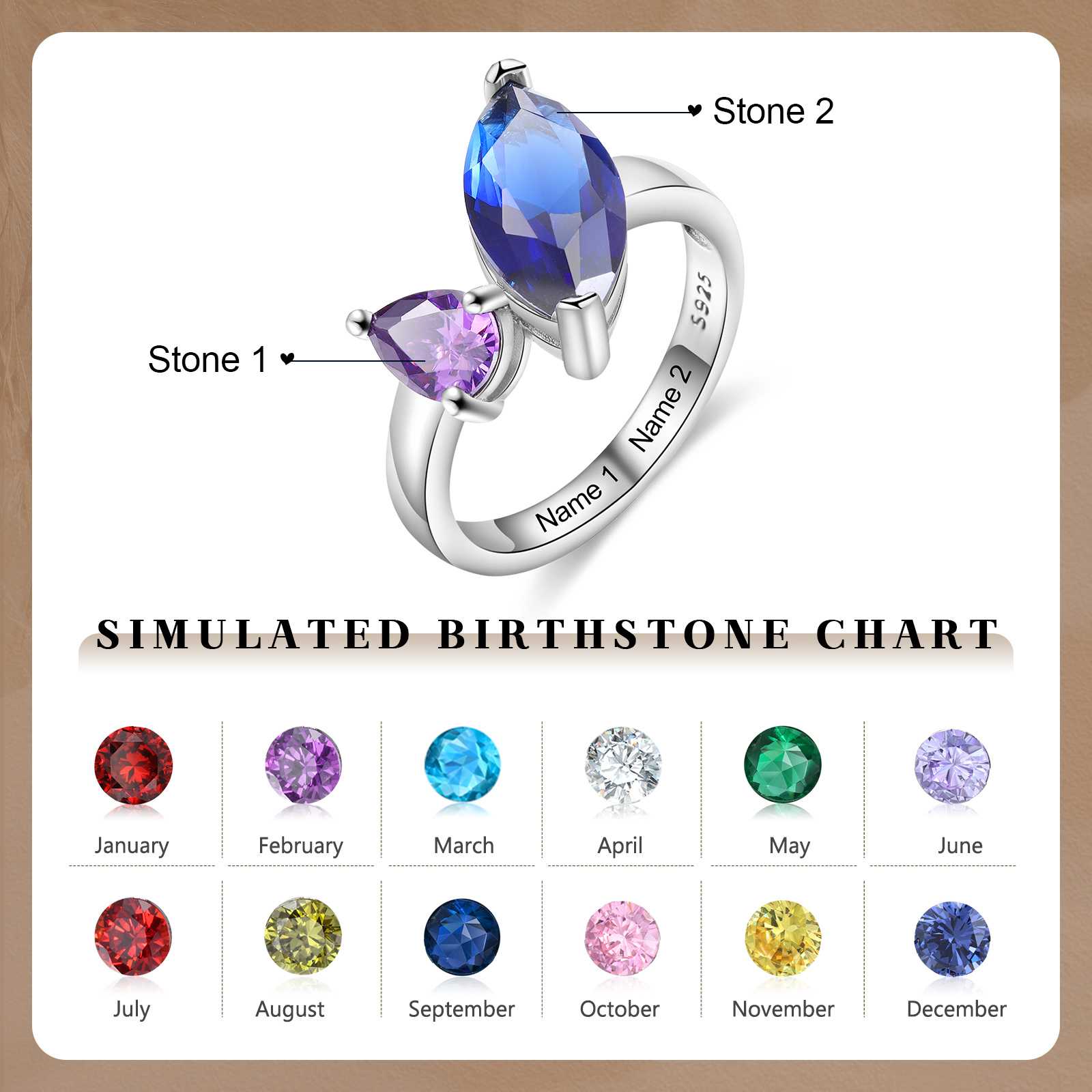 S925 Silber Personalisierte 2 Namen & 2 Geburtssteine Ring mit oval Zirkonia