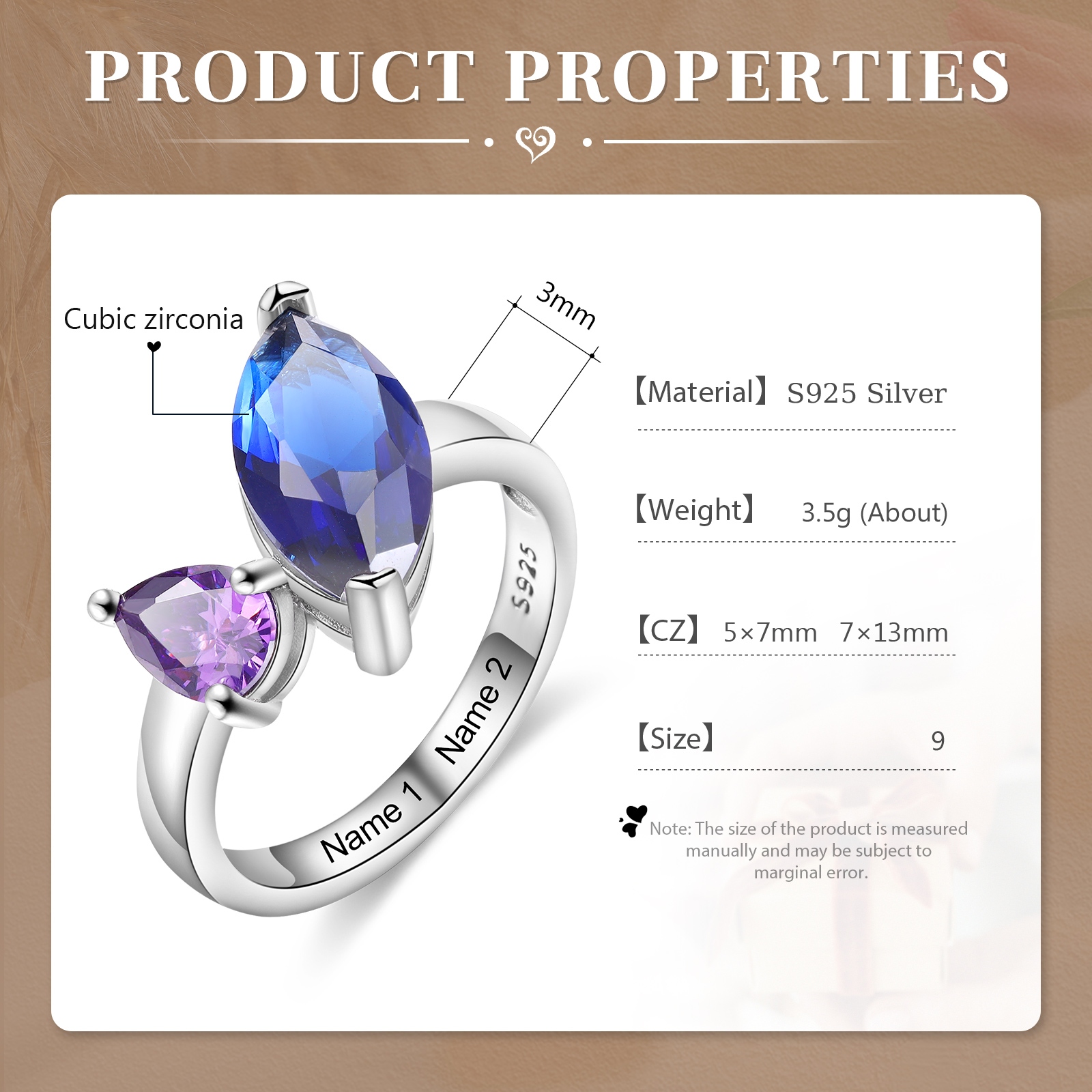 S925 Silber Personalisierte 2 Namen & 2 Geburtssteine Ring mit oval Zirkonia