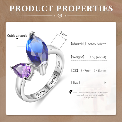 S925 Silber Personalisierte 2 Namen & 2 Geburtssteine Ring mit oval Zirkonia