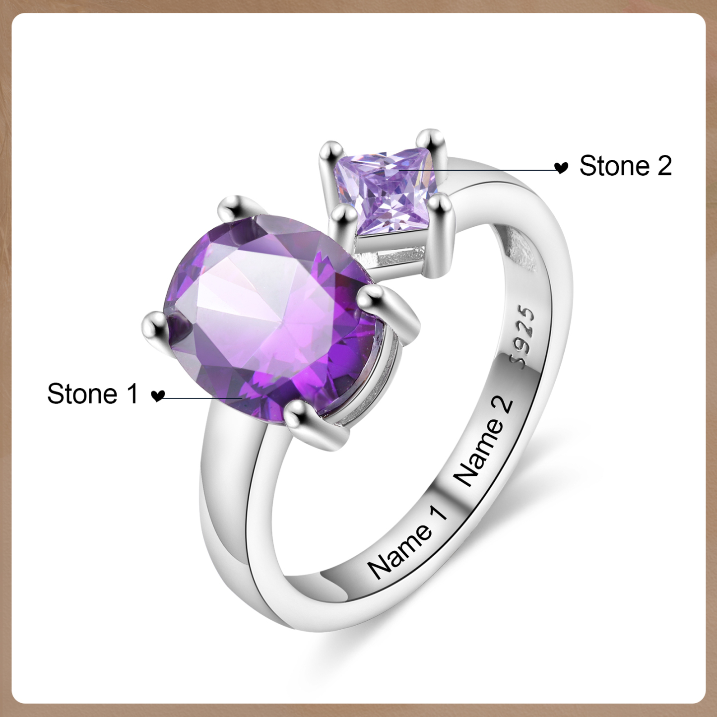 S925 Silber Personalisierbare 2 Namen & 2 Geburtssteine Ring mit Zirkonia