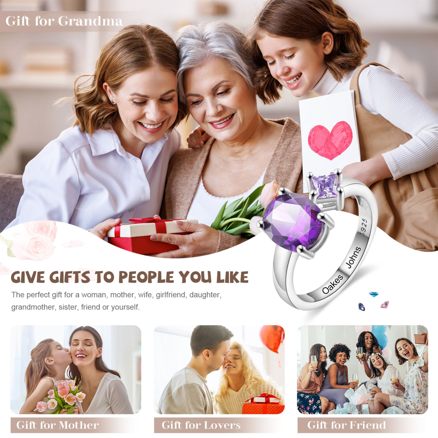 S925 Silber Personalisierbare 2 Namen & 2 Geburtssteine Ring mit Zirkonia