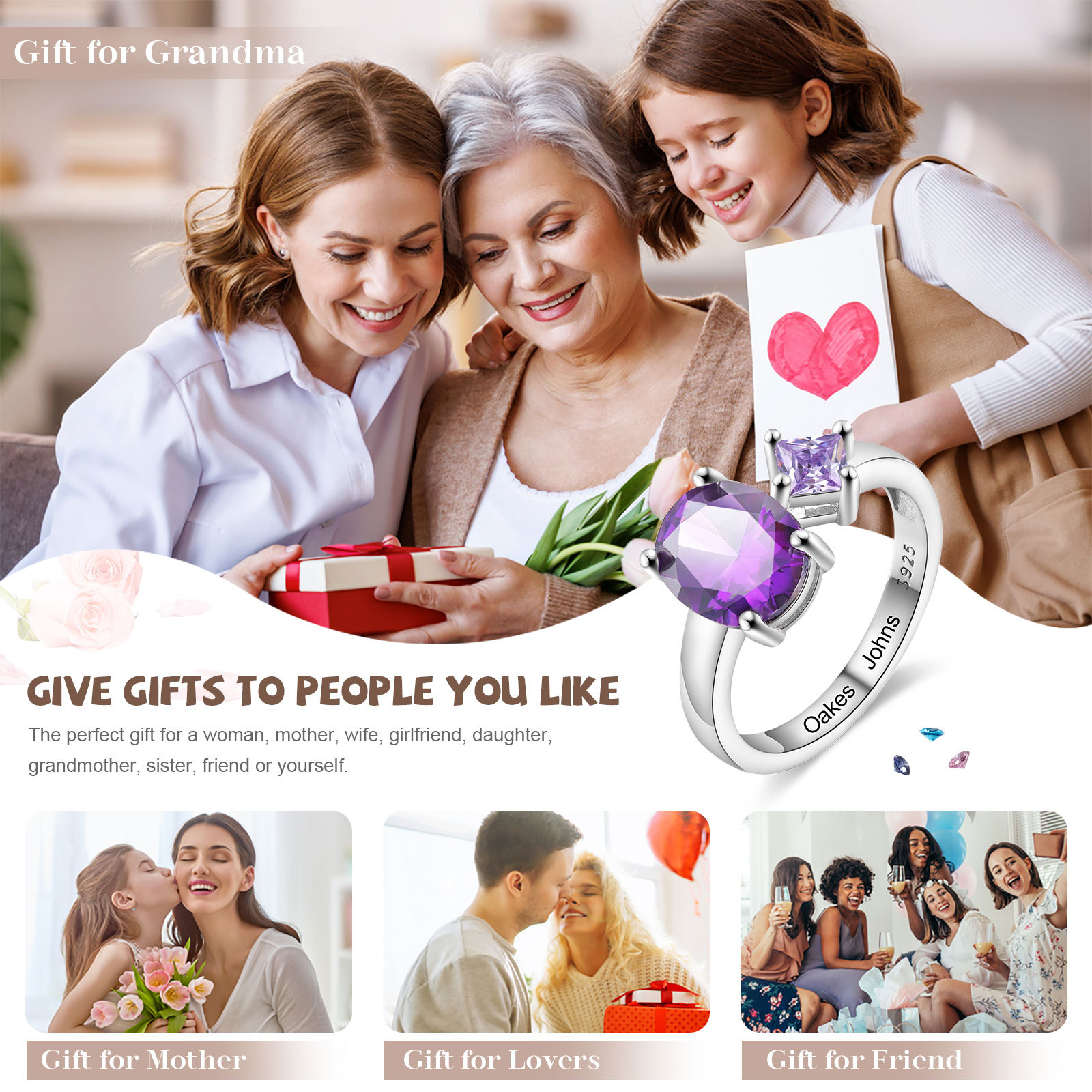 S925 Silber Personalisierbare 2 Namen & 2 Geburtssteine Ring mit Zirkonia