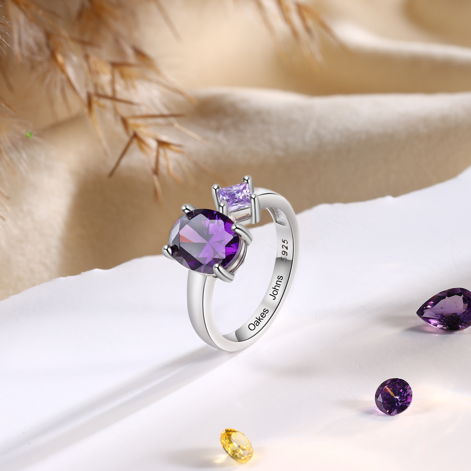 S925 Silber Personalisierbare 2 Namen & 2 Geburtssteine Ring mit Zirkonia