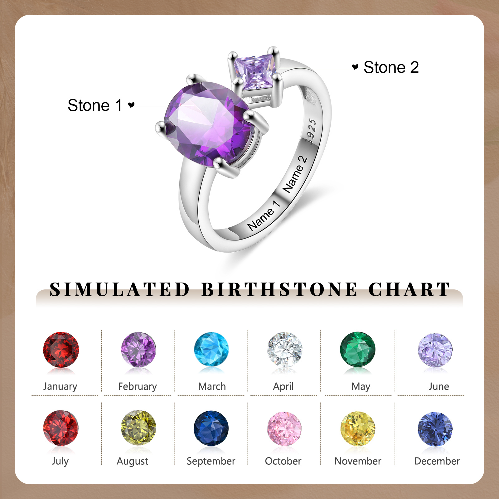 S925 Silber Personalisierbare 2 Namen & 2 Geburtssteine Ring mit Zirkonia