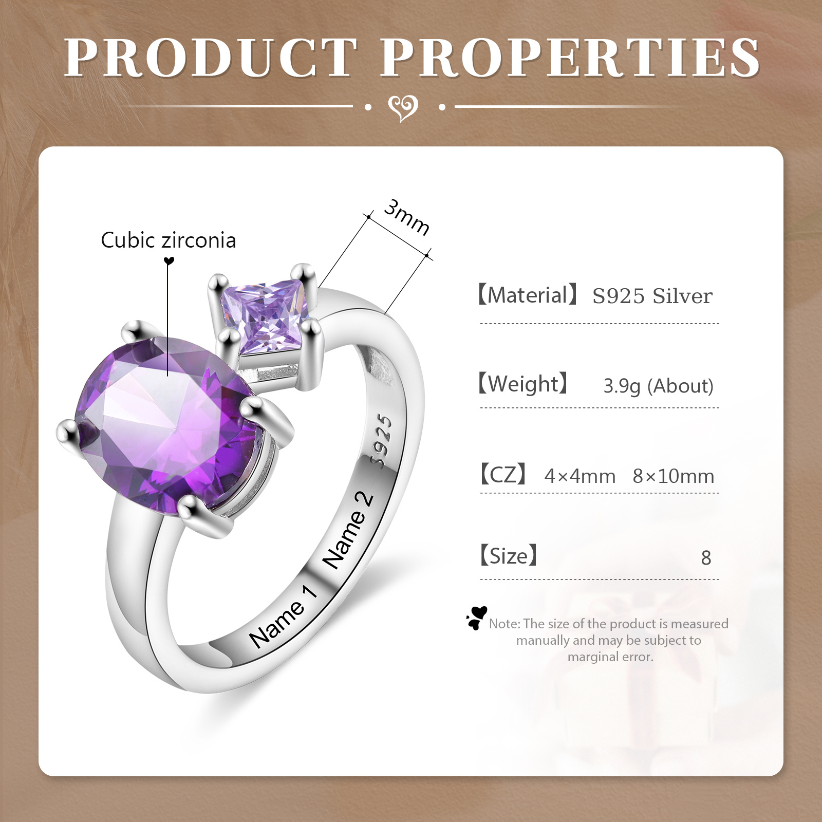 S925 Silber Personalisierbare 2 Namen & 2 Geburtssteine Ring mit Zirkonia