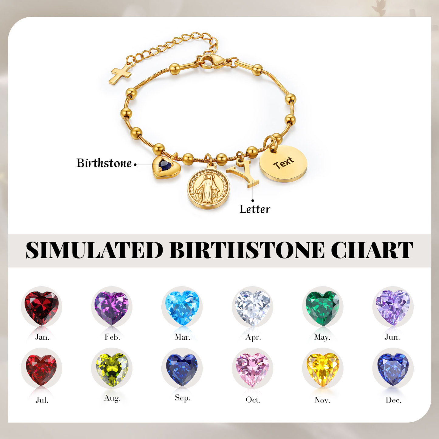Personalisiertes Armband der Jungfrau Maria mit Geburtsstein und Namensinitiale
