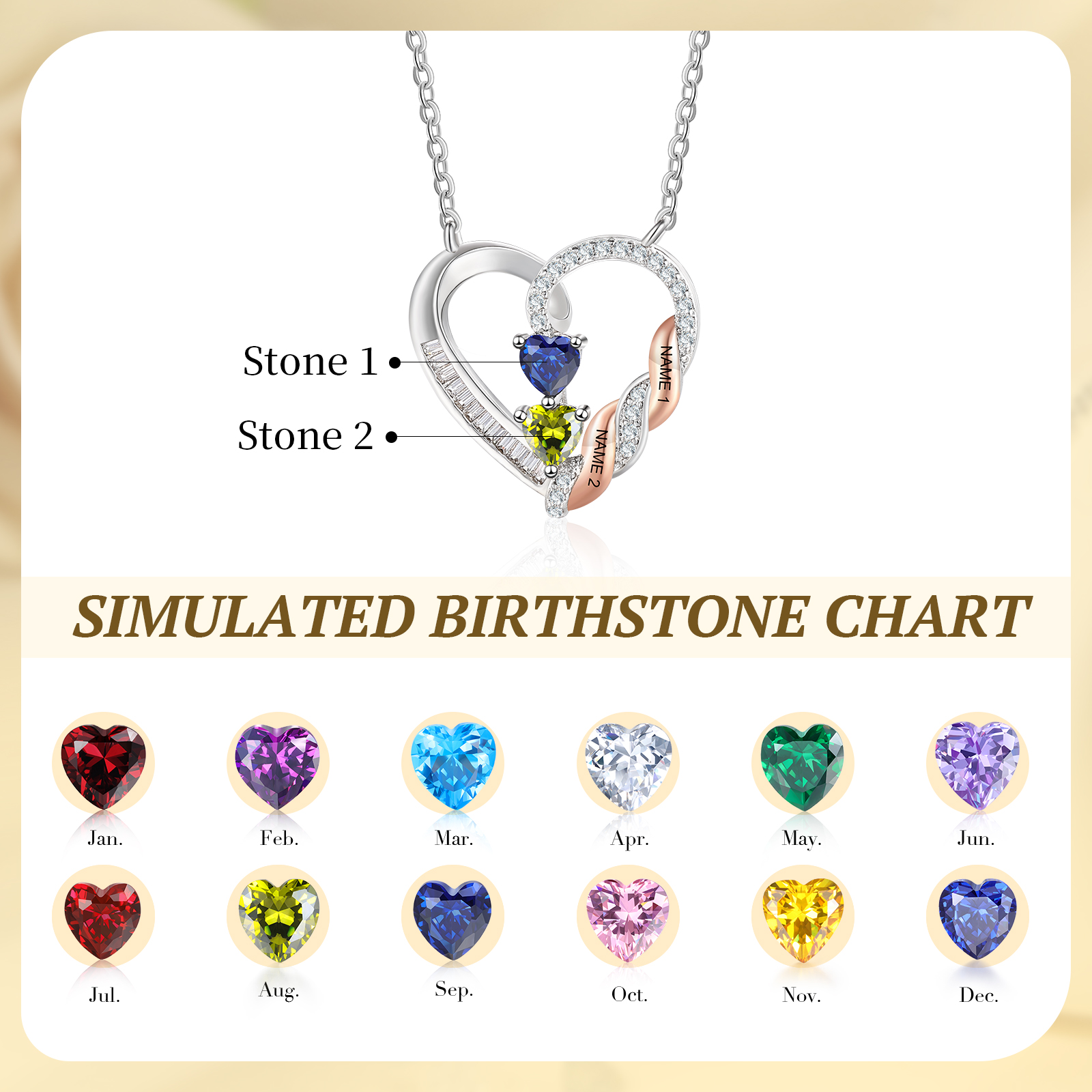 Personalisierte Herzkette mit 2–3 Geburtssteinen und Namen, Halskette