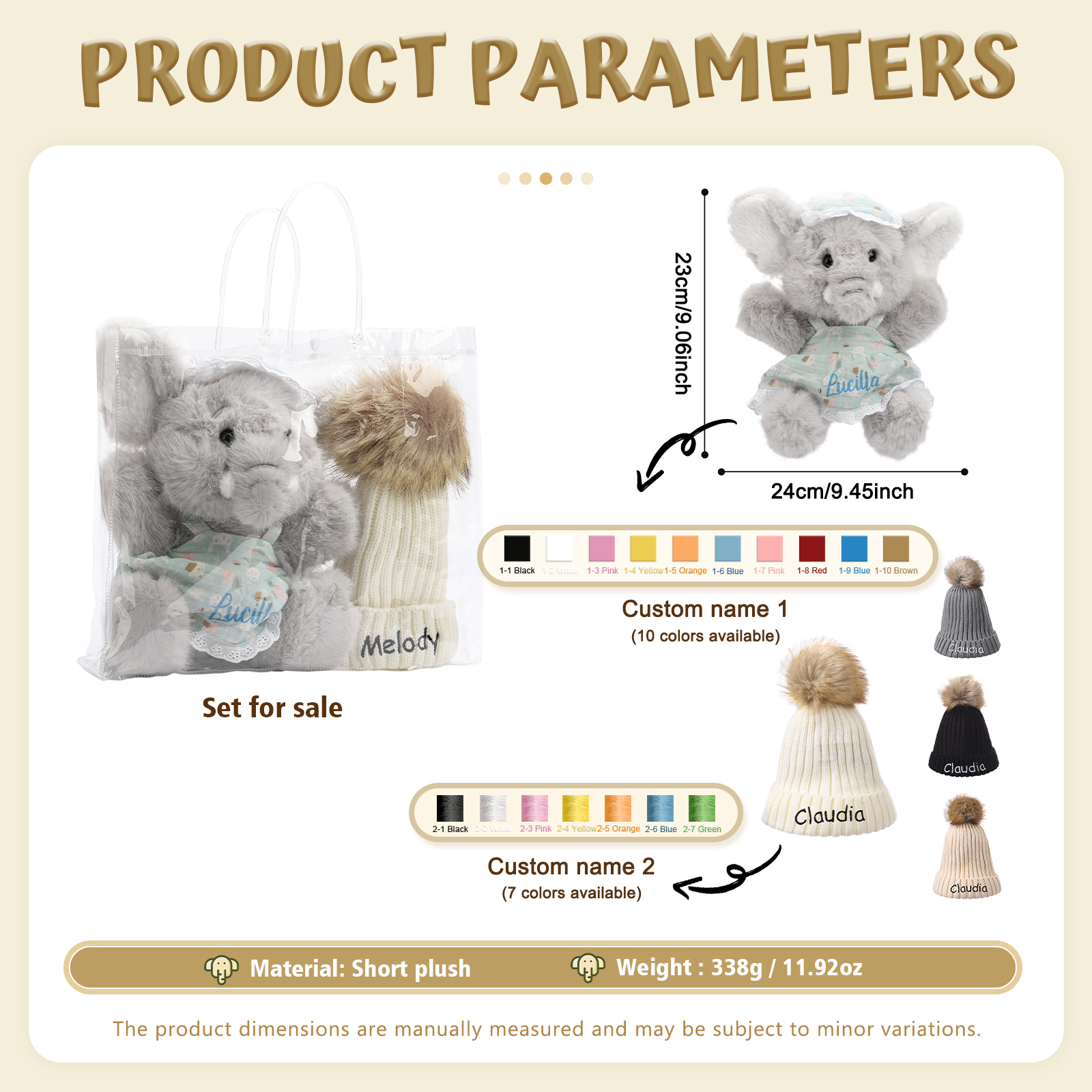 Personalisiertes Set aus Plüsch-Elefant und Bommelmütze mit Namensstickerei– Geschenk für Babys und Kinder
