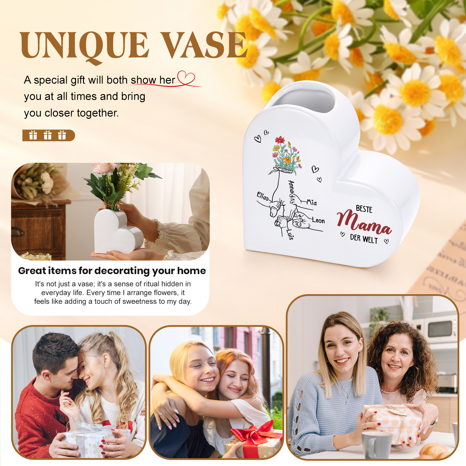 Personalisierte Keramik-Herzvase mit 2–6 Vornamen Beste Mama/Oma der Welt