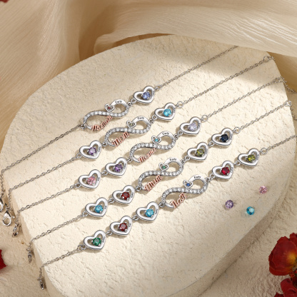 Personalisiertes Infinity-Herz Armband mit Geburtssteinen für Mama mit 2–6 Namen personalisiert