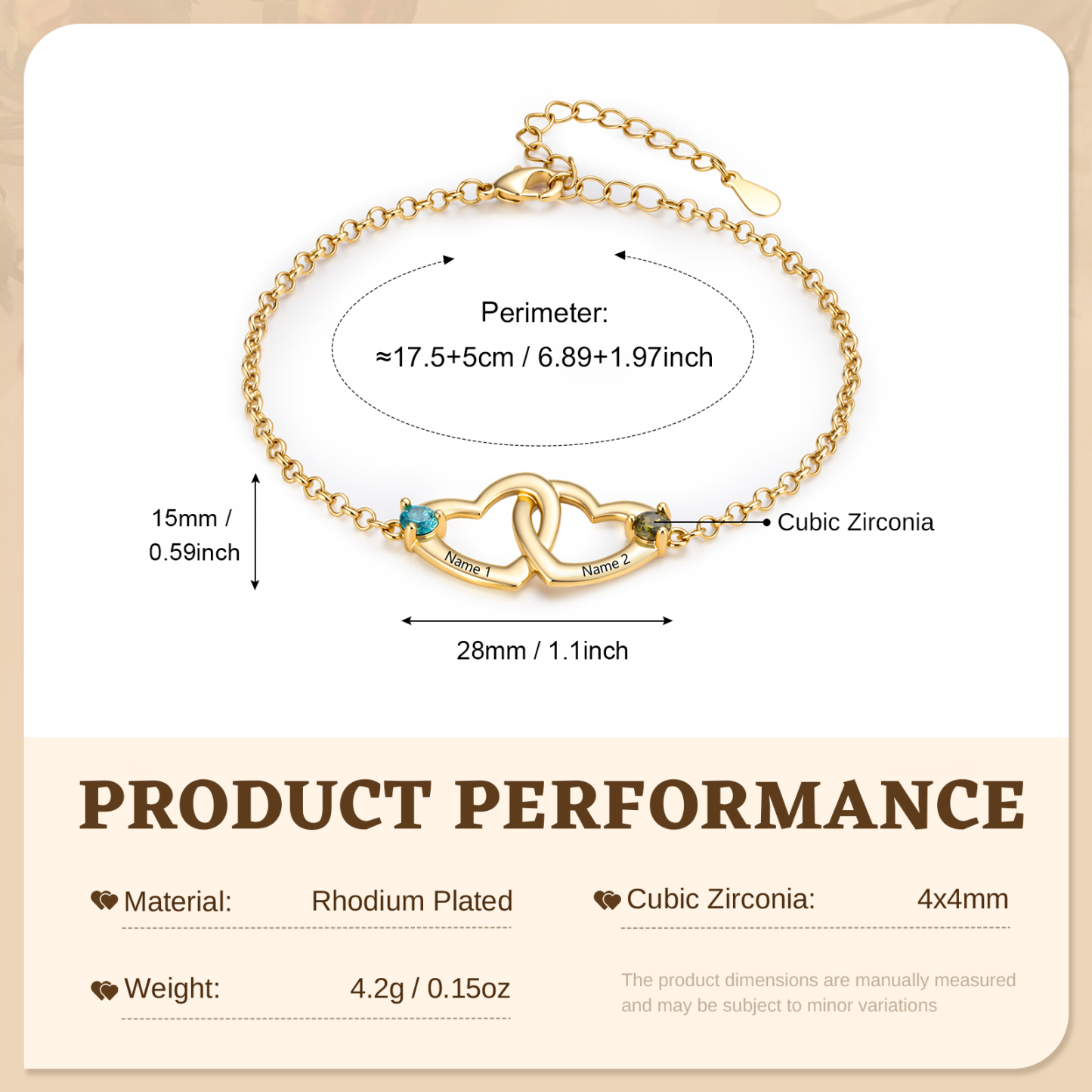 Personalisiertes Armband mit zwei Herzen 2 Namen und Geburtssteinen Geschenk für sie