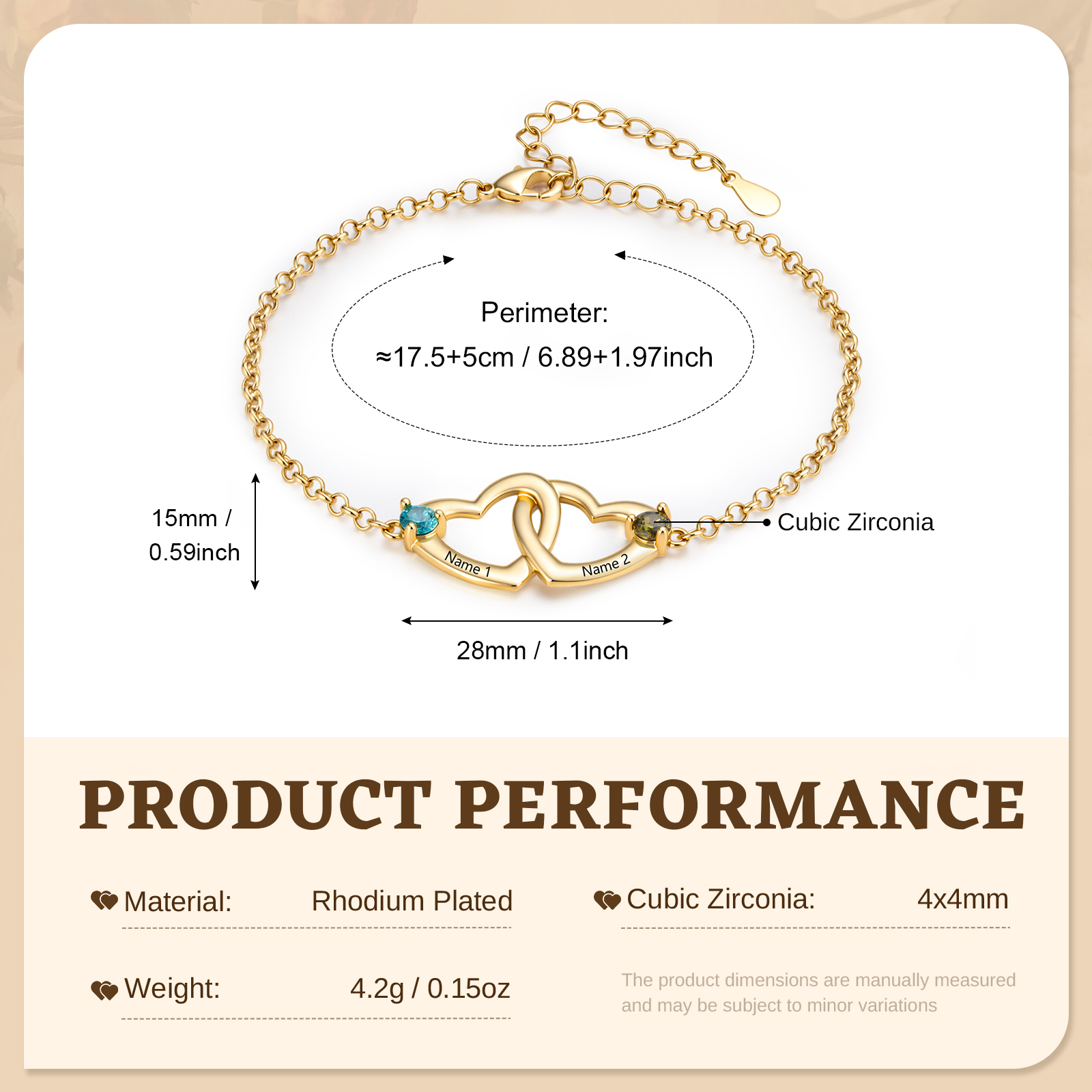 Personalisiertes Armband mit zwei Herzen 2 Namen und Geburtssteinen Geschenk für sie