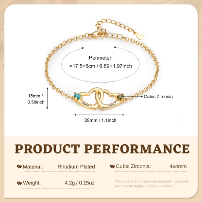 Personalisiertes Armband mit zwei Herzen 2 Namen und Geburtssteinen Geschenk für sie
