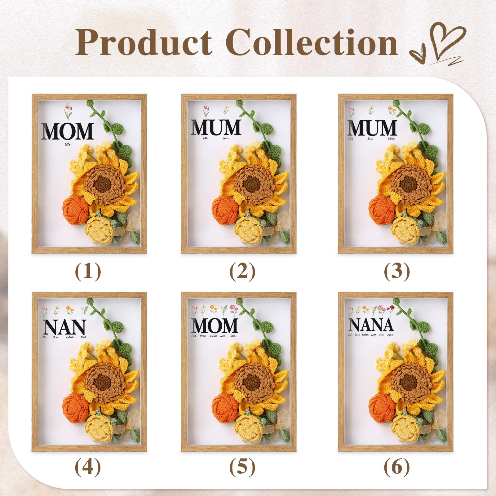 Personalisierter 3D-Rahmen mit Häkelblumen, Namen & Wunschtext – Handgefertigtes Geschenk für Mama & Oma