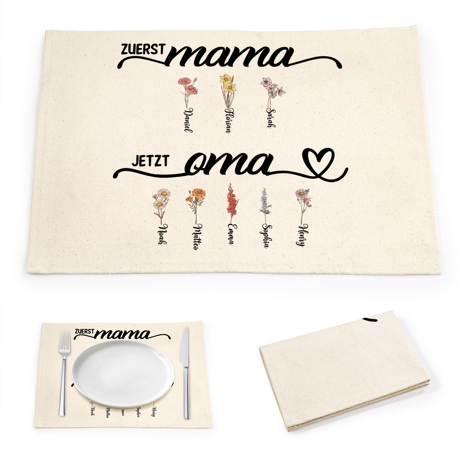 Personalisiertes Weiß Leinen-Tischset Untersetzer Geburtsblumen für Mama Oma