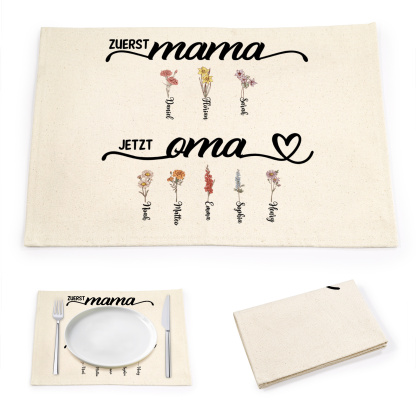 Personalisiertes Weiß Leinen-Tischset Untersetzer Geburtsblumen für Mama Oma