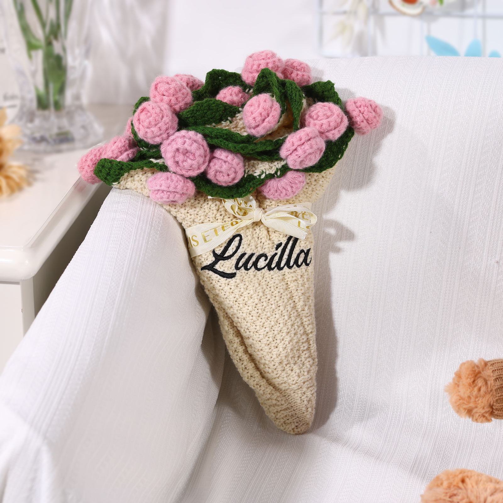 Handgemachter Häkelblumenstrauß personalisierbare Name Decke- Geschenk für Mama/Oma/Tochter