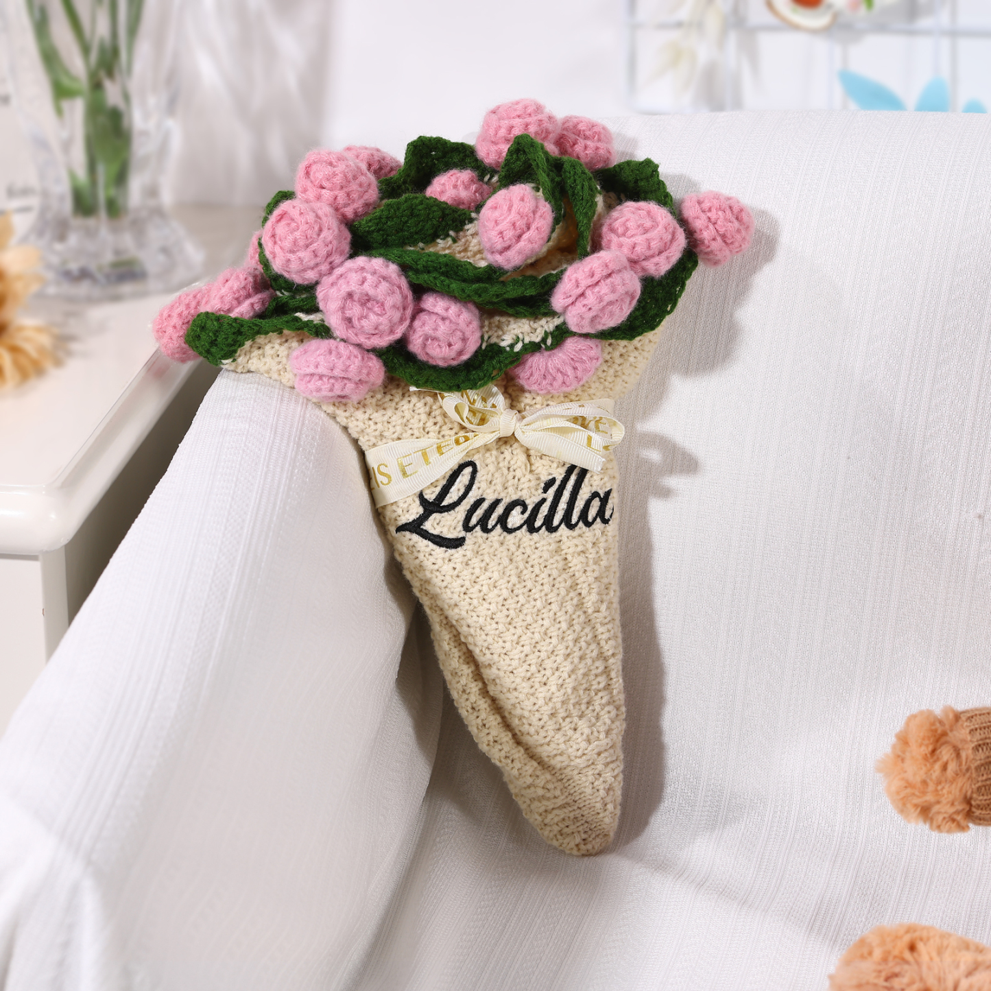 Handgemachter Häkelblumenstrauß personalisierbare Name Decke- Geschenk für Mama/Oma/Tochter