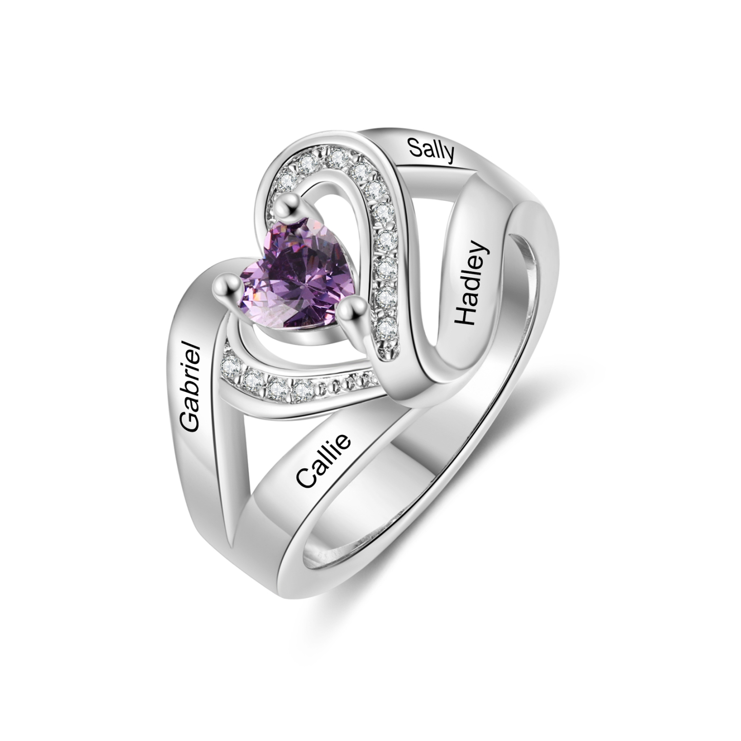 “Personalisierter Herzring für Damen mit 2–6 Namen & 1 Geburtsstein