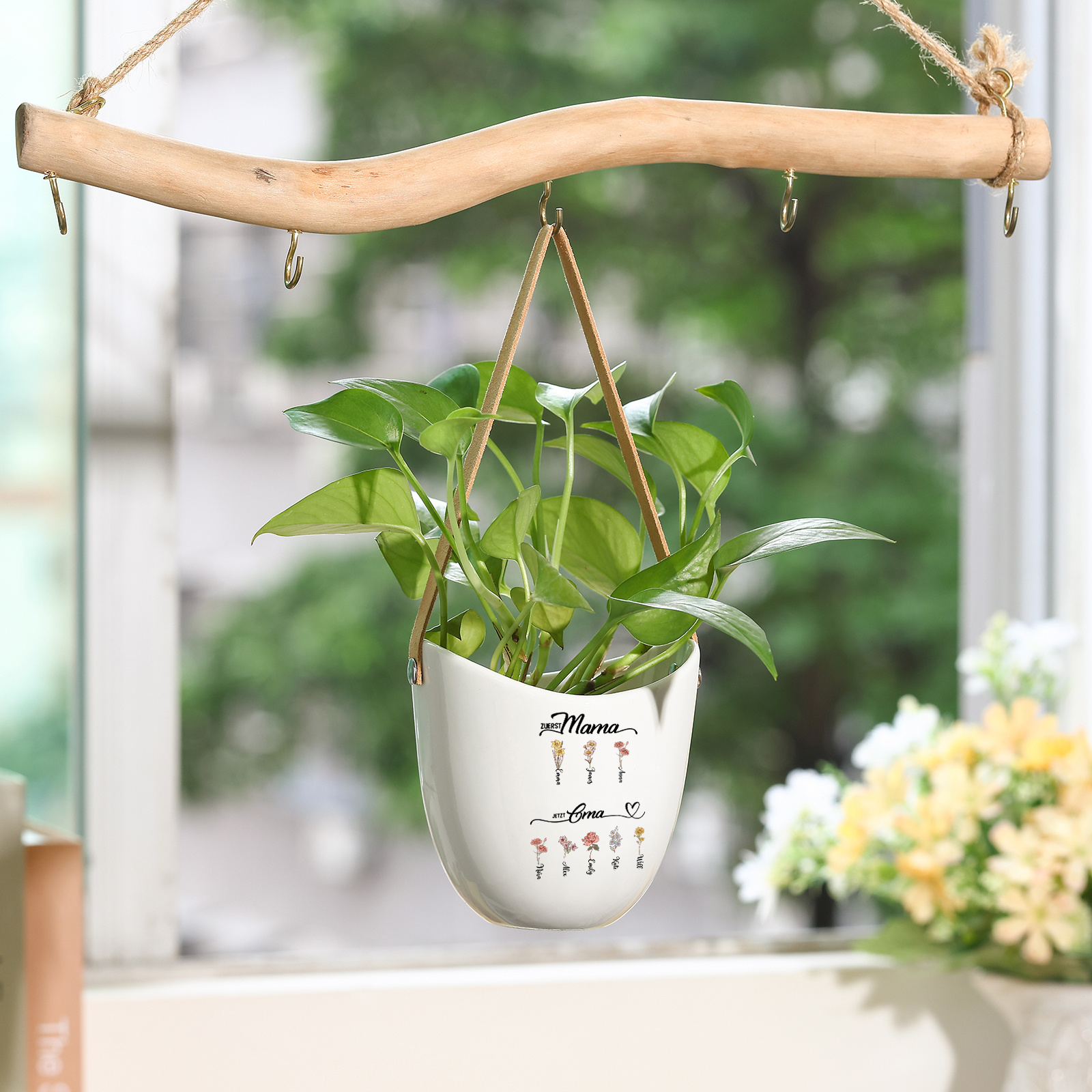 Personalised Hanging Planter Leather Strap For Mum Nan